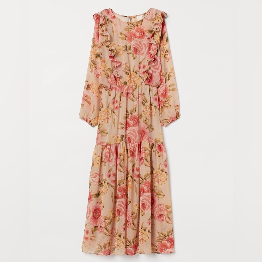 H&M PALE ORANGE PINK YELLOW FLORAL PRINT RUFFLED MAXI DRESS WOMENS SZ MEDIUM